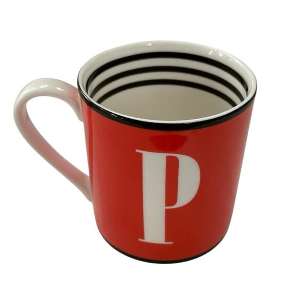 Kate Spade Lenox TO THE LETTER “P” Coffee Mug Orange White Black Stripes Cup - Picture 1 of 3